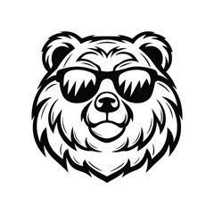 Cool Bear Head Mascot Silhouette Isolated on White, Wearing Sunglasses, Animal Icon