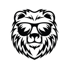 Cool Bear Face with Sunglasses, Stylized Black and White Portrait, Animal Icon Look