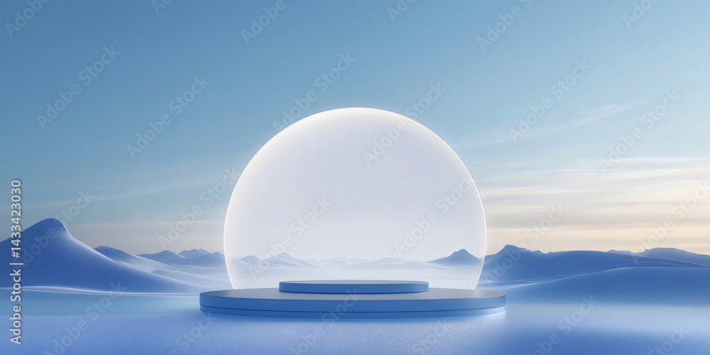 Aufkleber 青い空の下に浮かぶ光る球体と立方体プラットフォームのある抽象的な風景