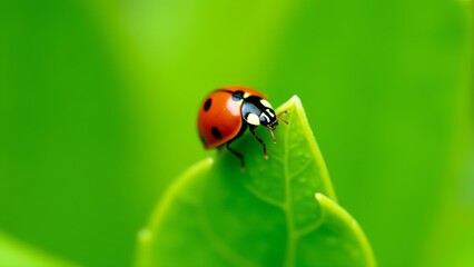 Fototapeta premium Ladybug On Green Leaf Macro Shot