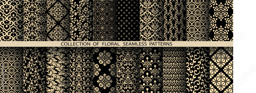 Poster geometric floral set of seamless patterns. golden and black vector backgrounds. damask graphic ornam