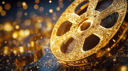 Golden film reel with glittery texture represents cinema celebration glamour cinematic entertainment film production nostalgia.