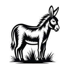 Black & White Donkey Standing Still with Grass, Silhouette, Farm Animal
