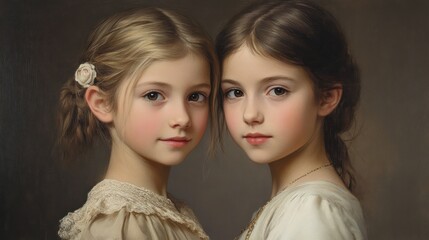 Obraz premium Caucasian young girls pose intimately, showcasing youth, elegance, friendship, innocence, beauty, fine art.