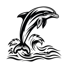 Black and White Dolphin Leaping Out of the Ocean Water with Decorative Waves Style