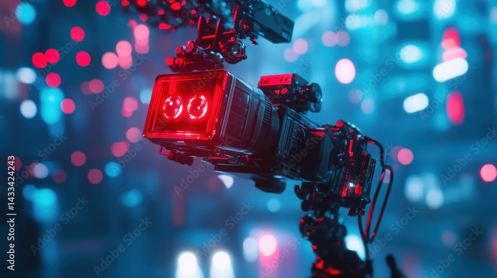 Poster a futuristic camera setup with red display lights and arms
