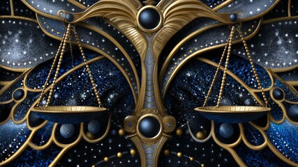 This captivating portrayal focuses on Libra, the seventh astrological sign, featuring balanced scales amidst a cosmic backdrop. Discover its deep symbolism and influence within astrology