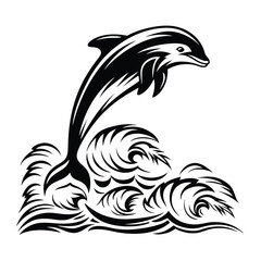 Bold Black Dolphin Leaping Out of Stylized Waves, Isolated on a Clean White Backdrop