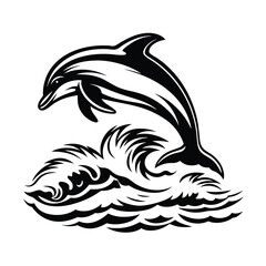 Leaping Dolphin Silhouette Monochrome Aquatic Mammal Jumping Over Waves, Isolated on White