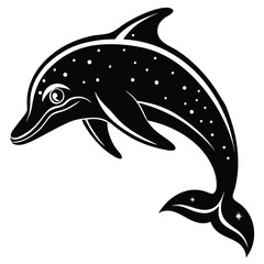 Stylized Dolphin Leaping Over Waves, Abstract Stars, Black and White Marine Life Design