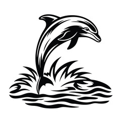 Jumping Dolphin Silhouette, Marine Life, Ocean Animal, Black and White, Aquatic Mammal