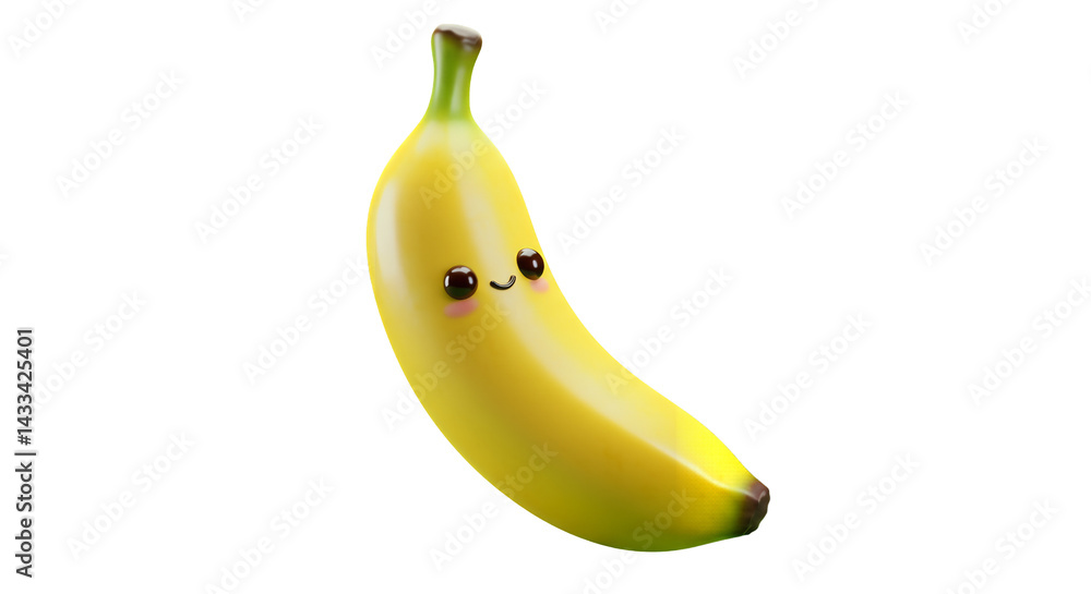 Poster cartoon banana character with cute smiling face isolated on transparent background