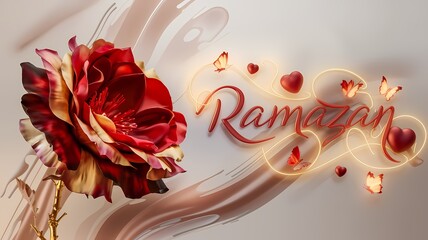 Luxurious 3D Illustration of Radiant Red Rose with Glossy Orange-Tinted Petals on Golden Branch Featuring Glowing Hot Red Ramazan Text Surrounded by Shimmering Hearts and Delicate Light-Up Butterflies