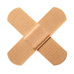 Two adhesive bandages crossed, isolated on white.