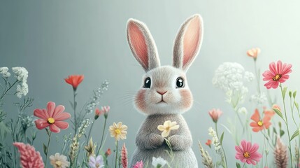 Obraz premium Cute animated bunny amidst spring flowers, symbolizing freshness, growth, holiday celebration, cheerful vibe.