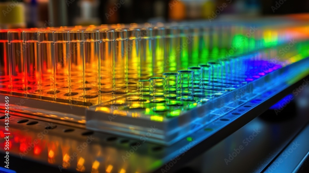 Poster rows of test tubes are illuminated with spectrum lighting effects