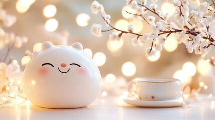 Happy smiling white ceramic bear figurine with teacup