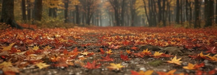 Crisp autumn air, vibrant maple leaves scattered on forest floor,  branch,  outdoor