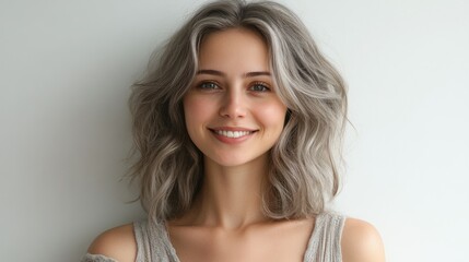 Smiling woman radiates positivity, showcasing effortless elegance, embodying confidence, natural beauty, self-love, style.