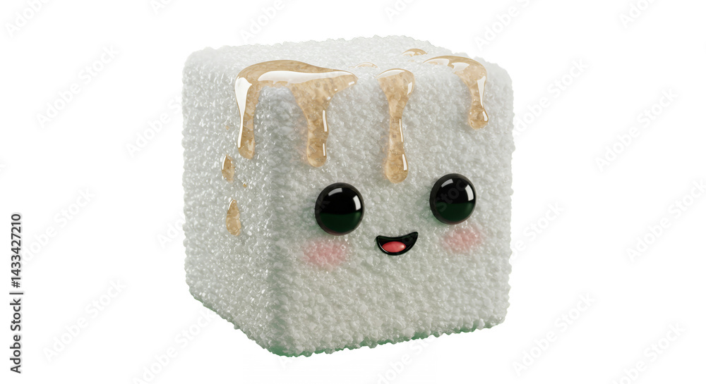 Poster cute sugar cube character with dripping brown liquid and happy expression isolated on transparent ba