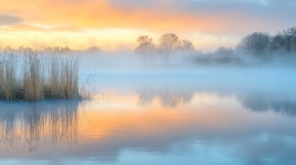 Fototapeta premium A tranquil sunrise over a misty lake with golden reflections