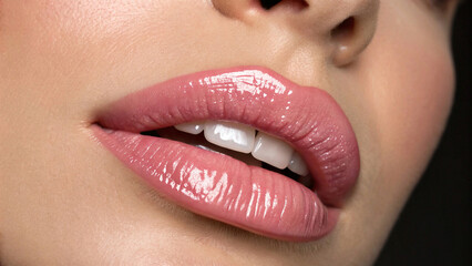 Fototapeta premium The focus is on full lips wearing a shiny nude lipstick, subtly parted, in a beauty-centric close-up with light skin as the backdrop.
