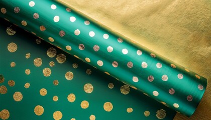 emerald green wrapping paper with gold polka dots forming a stylish background