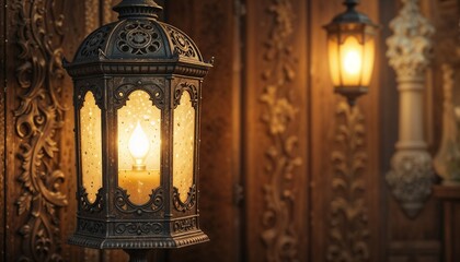 Intricately designed vintage lantern casting warm light against an ornate wooden backdrop
