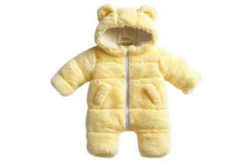Adorable baby bear eared yellow fur jumpsuit perfect for winter warmth and cozy style Studio shot on on transparent background