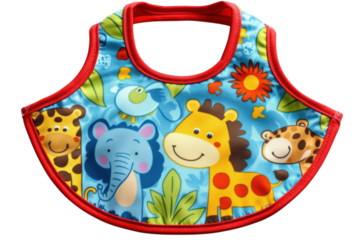 Adorable baby bib featuring cheerful jungle animals like giraffes elephants and playful parrots on on transparent background