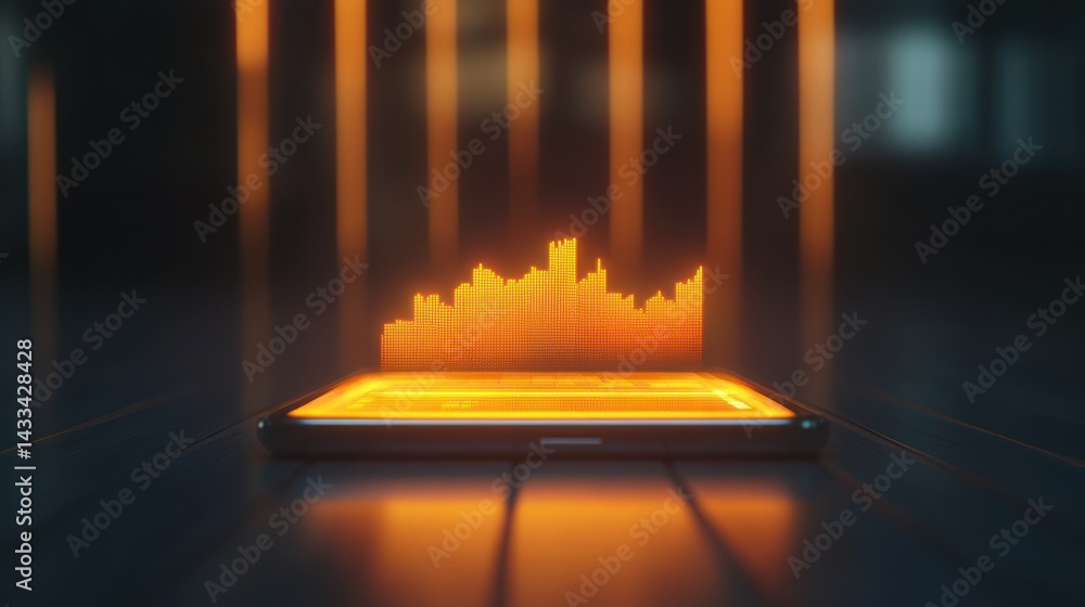 Poster smartphone displays financial graph, showcasing technology innovation, providing data visualization,