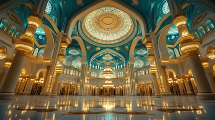 Obraz premium Grand interior shows exquisite Islamic architecture, featuring golden chandelier, turquoise ceiling, and ornate details.