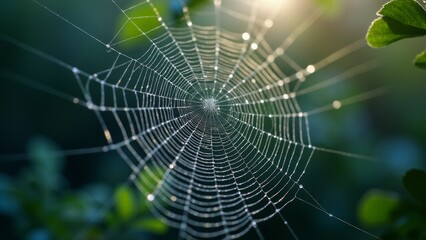 Dew-Covered Spider Web In Morning Light