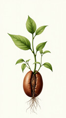 Coffee beans turning into miniature plants in a surreal hybrid style on a pure white backdrop
