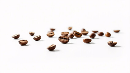 Detailed composition of roasted coffee beans showing imperfections and real-world irregularities on white