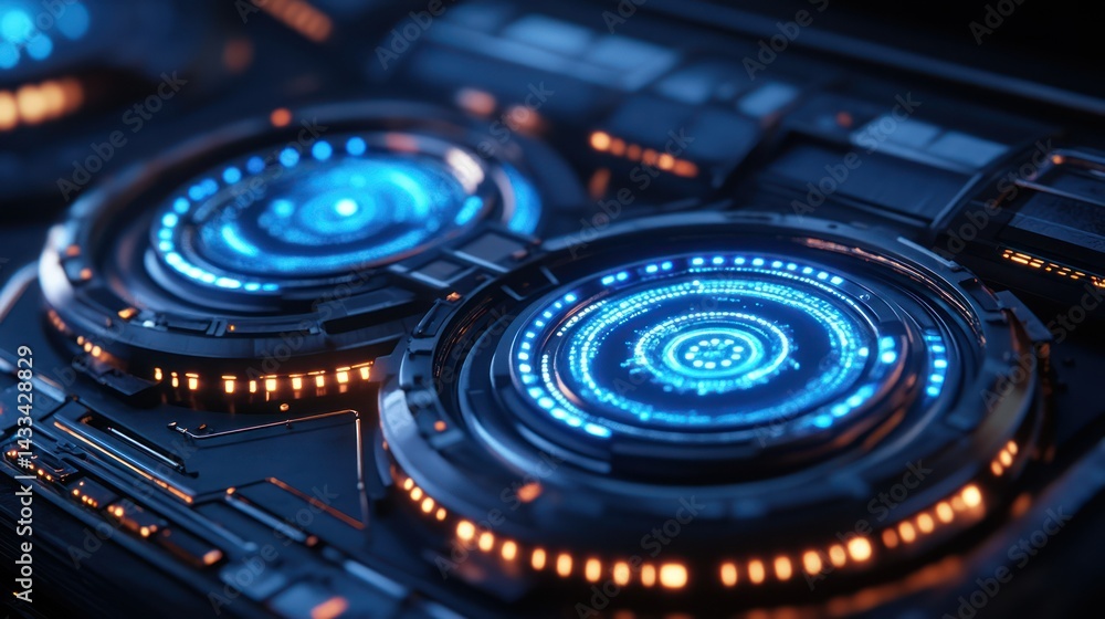 Poster futuristic interface glows, showing advanced systems, high tech control panel, data visualization, c