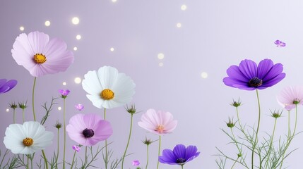 Delicate Cosmos Flowers Bloom Against Soft Lavender Background