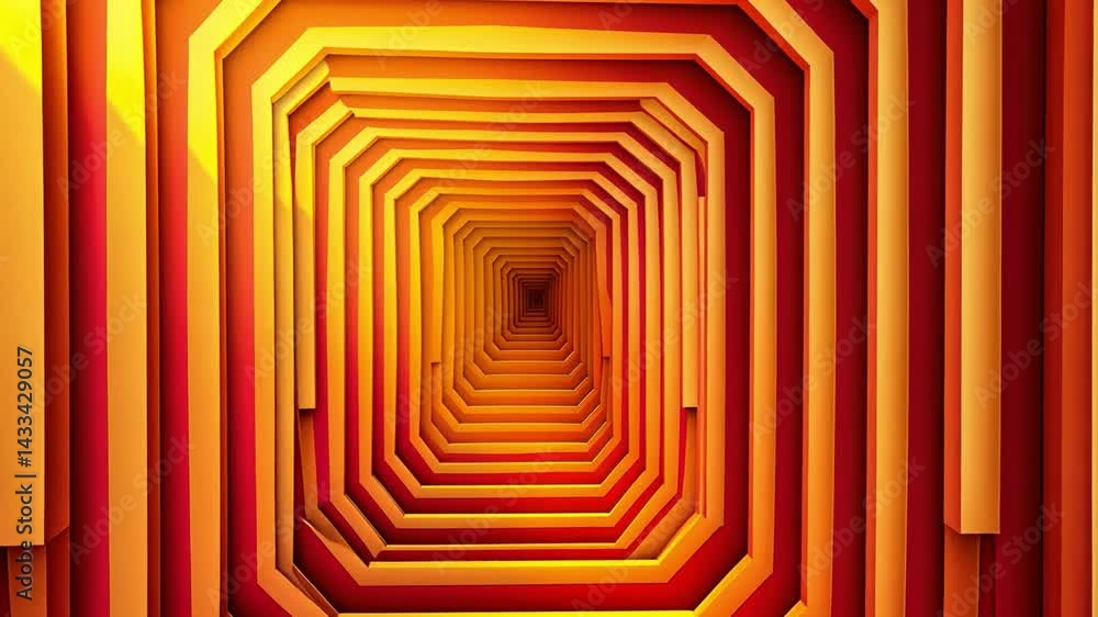 Poster vibrant abstract design of colorful geometric tunnel with layers of orange and yellow, creating mesm