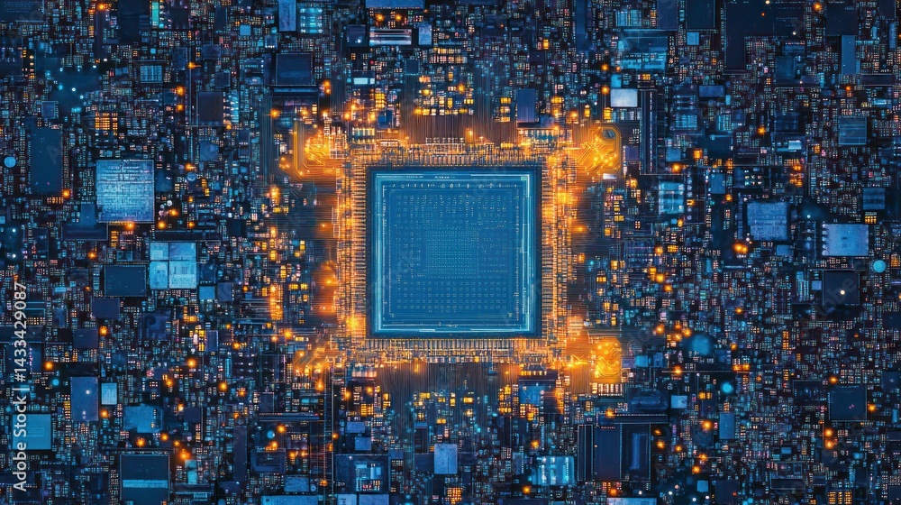 Poster illuminated microchip and circuit board showing complex integrated technology