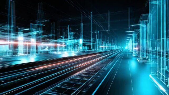 Futuristic hologram representation of a train station and tracks in vibrant 4K technology setting