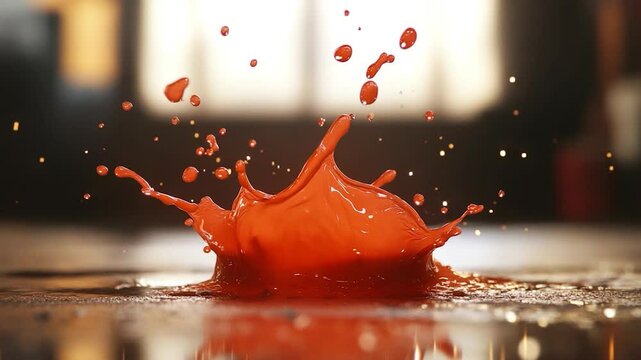 Vibrant Red Liquid Splashing on Floor with Soft Background Light
