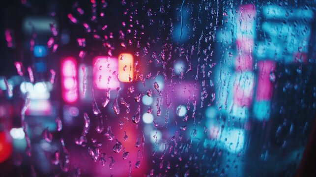 Raindrops on window reflecting neon city lights Ultimate