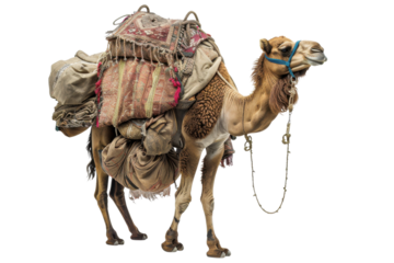 Camel carrying heavy load across desert terrain under the midday sun in a vibrant, arid landscape