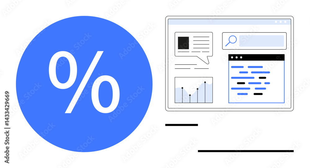 Poster percentage symbol beside a web interface displaying graphs, search bar, and text boxes. ideal for da
