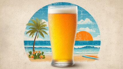 A refreshing pint of beer meets a tropical paradise. A beach scene with palm trees, waves, and sunset is set behind a tall glass of ice-cold, golden beer.