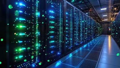 Obraz premium Massive server racks illuminate a modern data center.