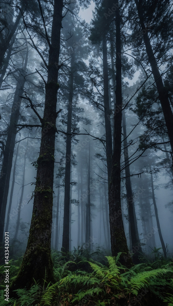 Poster mysterious fog enveloping a forest.