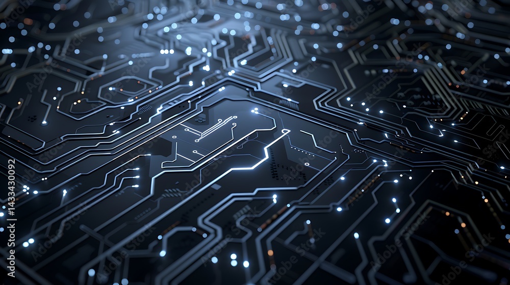 Poster close-up perspective view of a dark electronic circuit board with intricate pathways and glowing whi