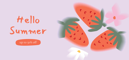 Three Strawberries with blurred edges and small flowers on pastel background. Gradient texture. Hello Summer banner with discount text. Vector illustration for sale, web, promo, social media