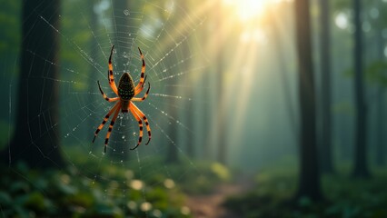 European Garden Spider On Dewy Web